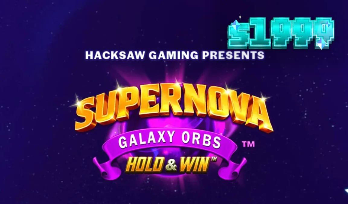 Tampilan visual slot Supernova Galaxy Orbs yang menampilkan simbol buah retro dengan latar belakang kosmik.